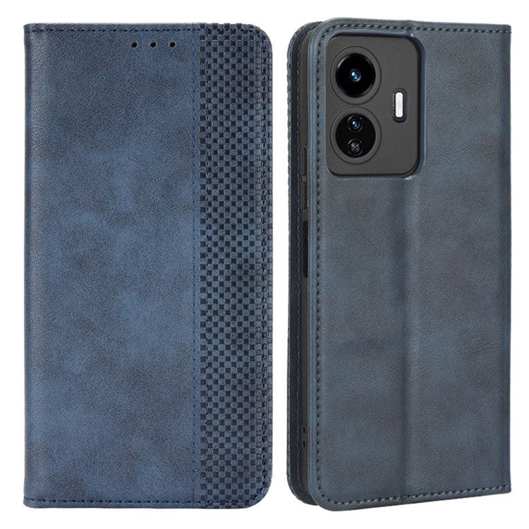 For vivo Y77 5G / Y77e 5G Vintage Texture Magnetic Auto-absorbed PU Leather Case Wallet Stand Phone Cover - Blue
