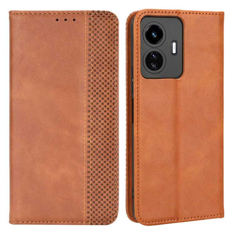 For vivo Y77 5G / Y77e 5G Vintage Texture Magnetic Auto-absorbed PU Leather Case Wallet Stand Phone Cover - Brown