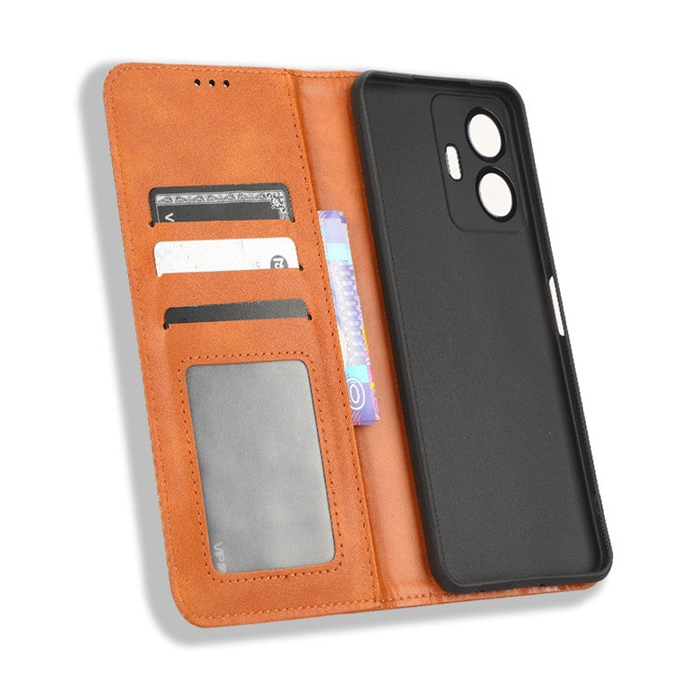 For vivo Y77 5G / Y77e 5G Vintage Texture Magnetic Auto-absorbed PU Leather Case Wallet Stand Phone Cover - Brown