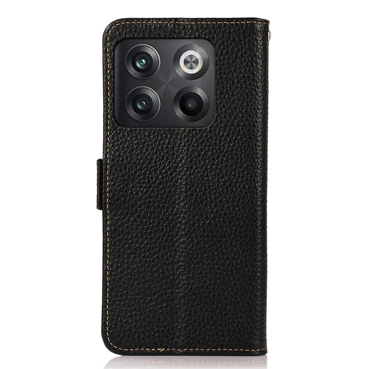KHAZNEH for OnePlus 10T 5G / Ace Pro 5G RFID Blocking Wallet Flip Cell Phone Case Litchi Texture Genuine Leather Stand Magnetic Drop-proof Cover - Black