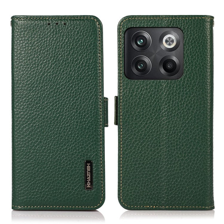 KHAZNEH for OnePlus 10T 5G / Ace Pro 5G RFID Blocking Wallet Flip Cell Phone Case Litchi Texture Genuine Leather Stand Magnetic Drop-proof Cover - Green
