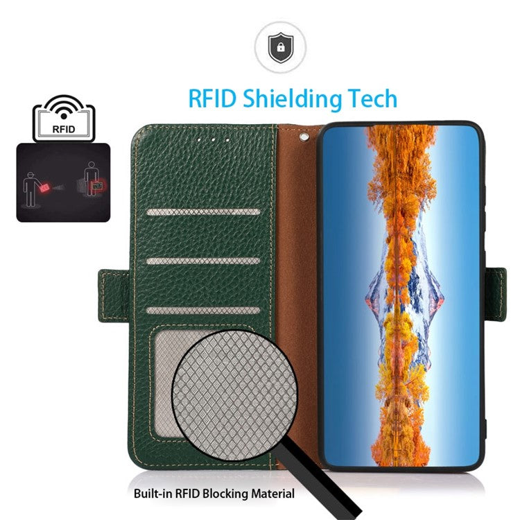 KHAZNEH for OnePlus 10T 5G / Ace Pro 5G RFID Blocking Wallet Flip Cell Phone Case Litchi Texture Genuine Leather Stand Magnetic Drop-proof Cover - Green