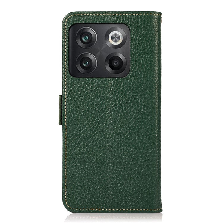KHAZNEH for OnePlus 10T 5G / Ace Pro 5G RFID Blocking Wallet Flip Cell Phone Case Litchi Texture Genuine Leather Stand Magnetic Drop-proof Cover - Green