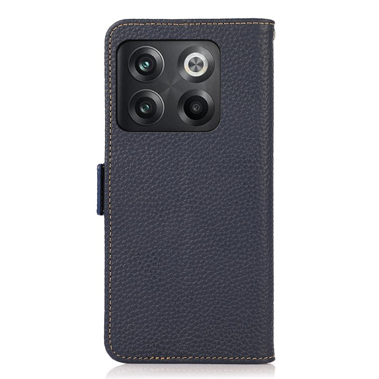 KHAZNEH for OnePlus 10T 5G / Ace Pro 5G RFID Blocking Wallet Flip Cell Phone Case Litchi Texture Genuine Leather Stand Magnetic Drop-proof Cover - Blue