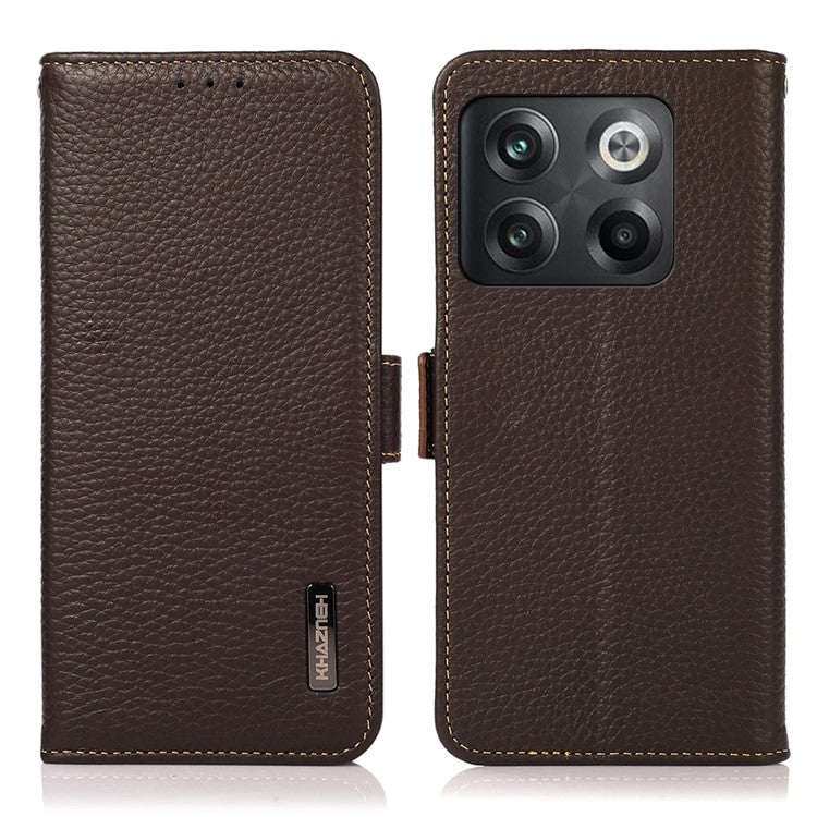 KHAZNEH for OnePlus 10T 5G / Ace Pro 5G RFID Blocking Wallet Flip Cell Phone Case Litchi Texture Genuine Leather Stand Magnetic Drop-proof Cover - Brown