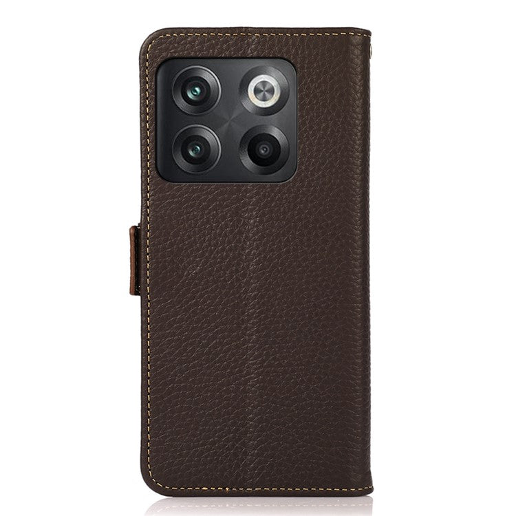 KHAZNEH for OnePlus 10T 5G / Ace Pro 5G RFID Blocking Wallet Flip Cell Phone Case Litchi Texture Genuine Leather Stand Magnetic Drop-proof Cover - Brown