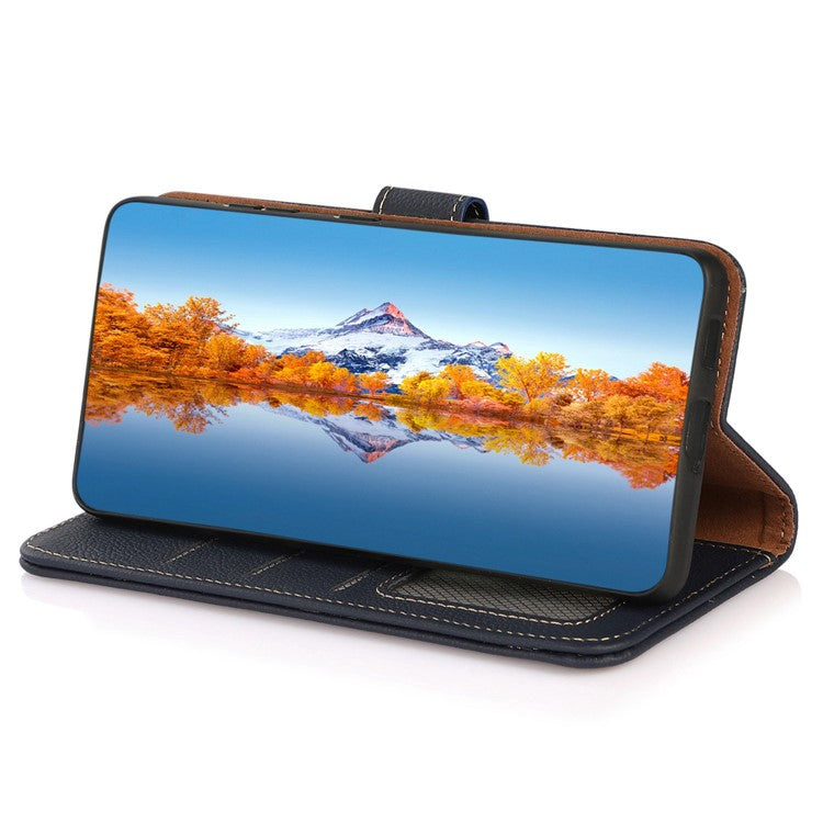 KHAZNEH For OnePlus 10T 5G / Ace Pro 5G Anti-wear Magnetic Wallet Mobile Phone Case RFID Blocking Genuine Leather+TPU Stand Shell - Blue