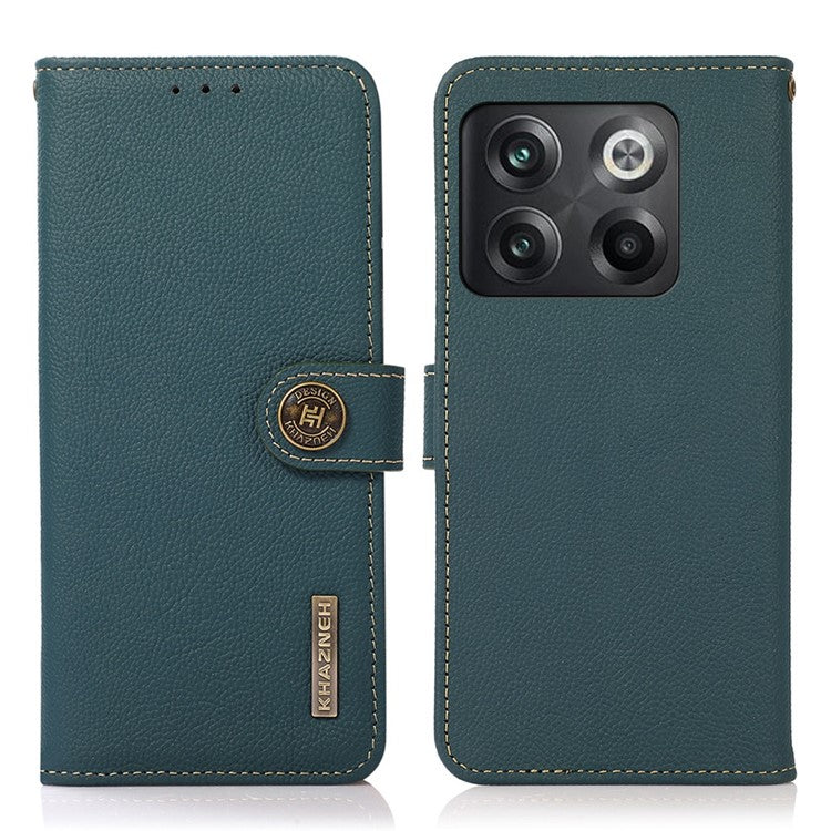 KHAZNEH For OnePlus 10T 5G / Ace Pro 5G Anti-wear Magnetic Wallet Mobile Phone Case RFID Blocking Genuine Leather+TPU Stand Shell - Green