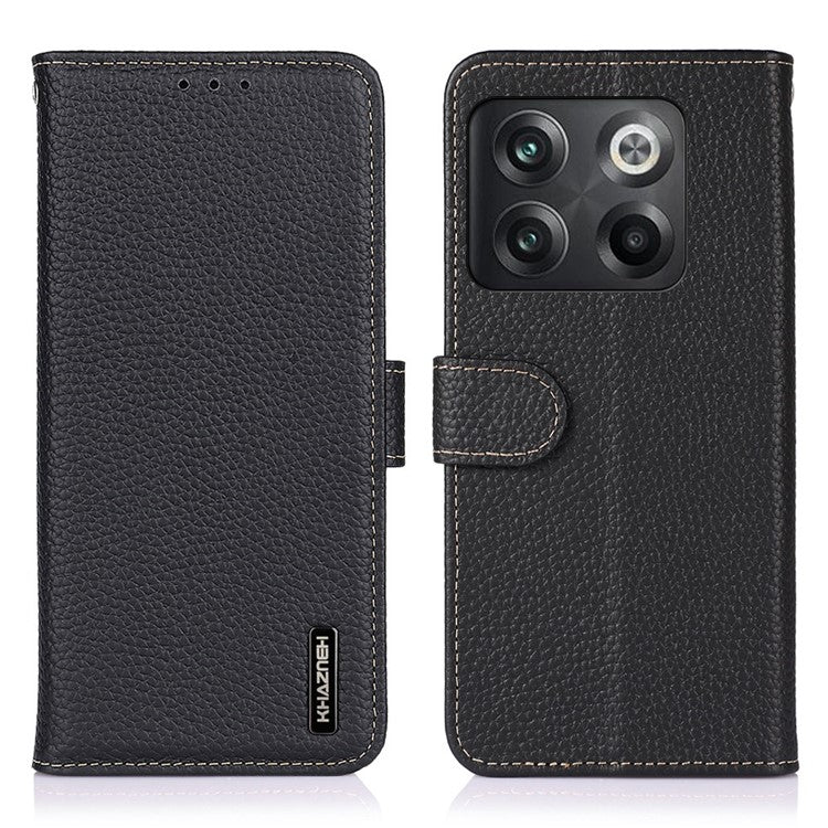 KHAZNEH for OnePlus 10T 5G / Ace Pro 5G Wallet Flip Cover Litchi Texture Genuine Leather Stand Feature Anti-wear Phone Case - Black