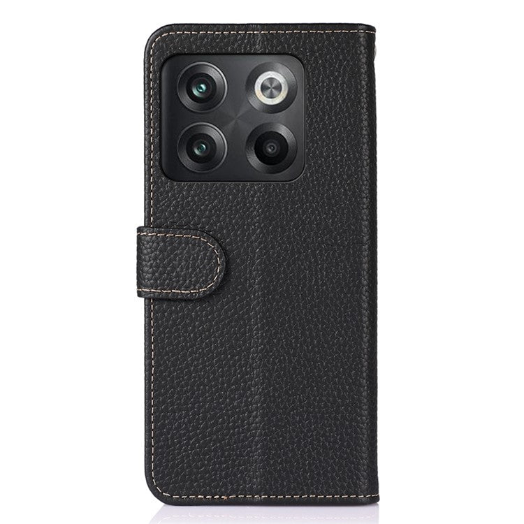 KHAZNEH for OnePlus 10T 5G / Ace Pro 5G Wallet Flip Cover Litchi Texture Genuine Leather Stand Feature Anti-wear Phone Case - Black