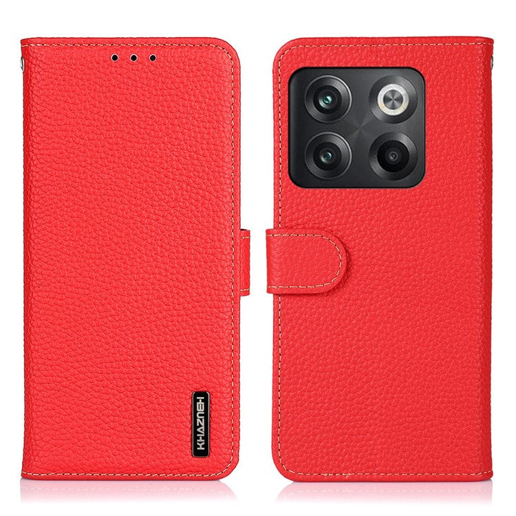 KHAZNEH for OnePlus 10T 5G / Ace Pro 5G Wallet Flip Cover Litchi Texture Genuine Leather Stand Feature Anti-wear Phone Case - Red