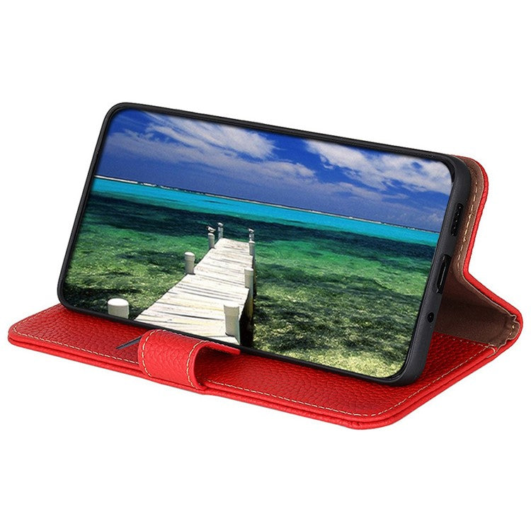 KHAZNEH for OnePlus 10T 5G / Ace Pro 5G Wallet Flip Cover Litchi Texture Genuine Leather Stand Feature Anti-wear Phone Case - Red