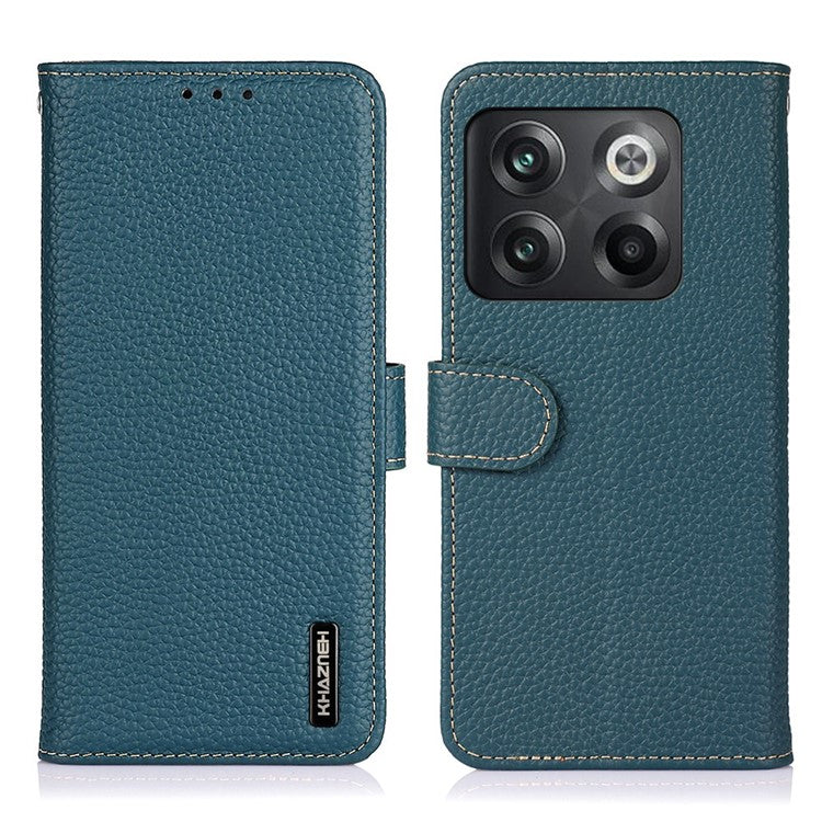 KHAZNEH for OnePlus 10T 5G / Ace Pro 5G Wallet Flip Cover Litchi Texture Genuine Leather Stand Feature Anti-wear Phone Case - Green