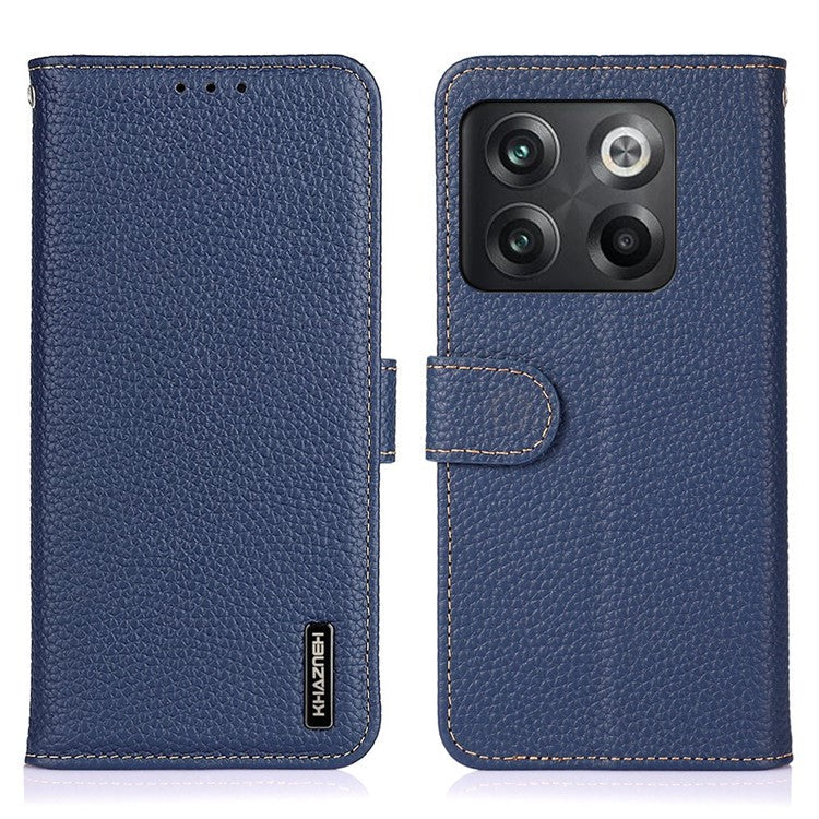 KHAZNEH for OnePlus 10T 5G / Ace Pro 5G Wallet Flip Cover Litchi Texture Genuine Leather Stand Feature Anti-wear Phone Case - Blue