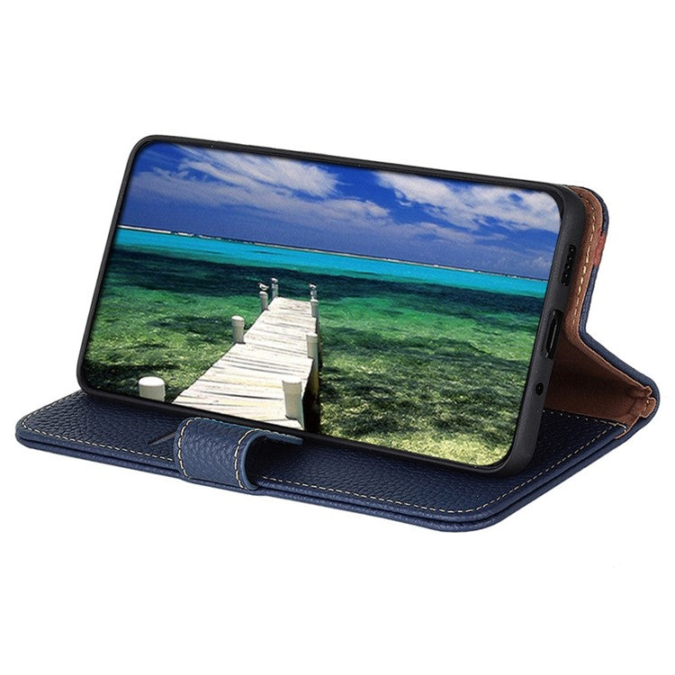 KHAZNEH for OnePlus 10T 5G / Ace Pro 5G Wallet Flip Cover Litchi Texture Genuine Leather Stand Feature Anti-wear Phone Case - Blue