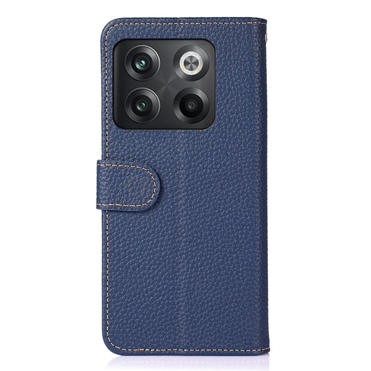 KHAZNEH for OnePlus 10T 5G / Ace Pro 5G Wallet Flip Cover Litchi Texture Genuine Leather Stand Feature Anti-wear Phone Case - Blue
