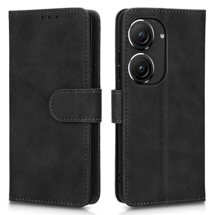 For Asus Zenfone 9 5G Skin-Touch Feeling Phone Wallet Stand Case PU Leather Magnetic Clasp Shockproof Cover - Black