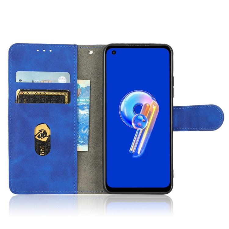 For Asus Zenfone 9 5G Skin-Touch Feeling Phone Wallet Stand Case PU Leather Magnetic Clasp Shockproof Cover - Blue