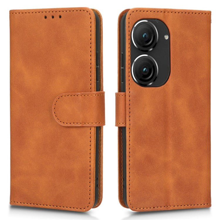 For Asus Zenfone 9 5G Skin-Touch Feeling Phone Wallet Stand Case PU Leather Magnetic Clasp Shockproof Cover - Brown