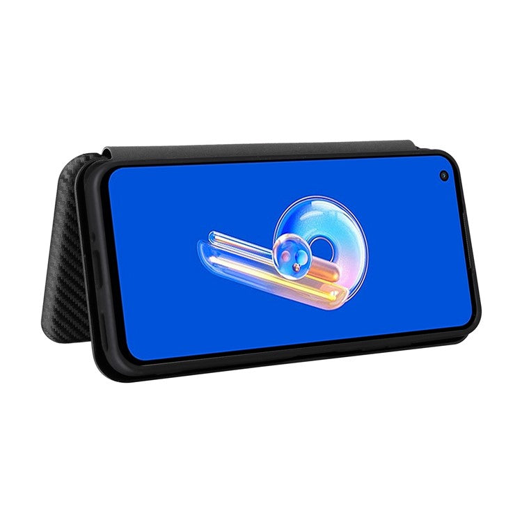 For Asus Zenfone 9 5G PU Leather Carbon Fiber Texture Phone Stand Case Card Slot Design Auto-absorbed Magnetic Protective Cover - Black