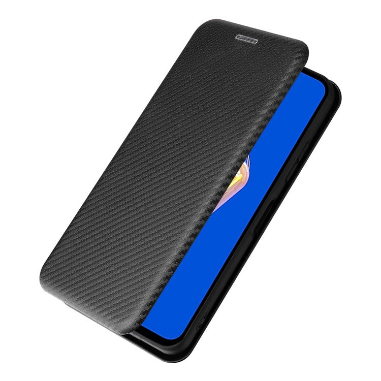 For Asus Zenfone 9 5G PU Leather Carbon Fiber Texture Phone Stand Case Card Slot Design Auto-absorbed Magnetic Protective Cover - Black