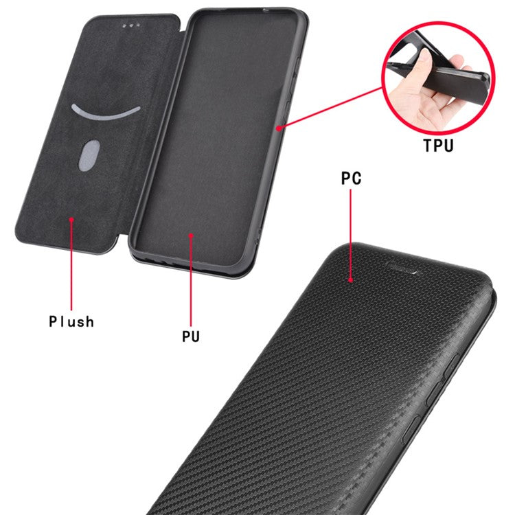 For Asus Zenfone 9 5G PU Leather Carbon Fiber Texture Phone Stand Case Card Slot Design Auto-absorbed Magnetic Protective Cover - Black