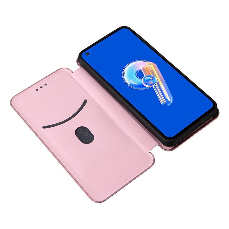 For Asus Zenfone 9 5G PU Leather Carbon Fiber Texture Phone Stand Case Card Slot Design Auto-absorbed Magnetic Protective Cover - Rose Gold