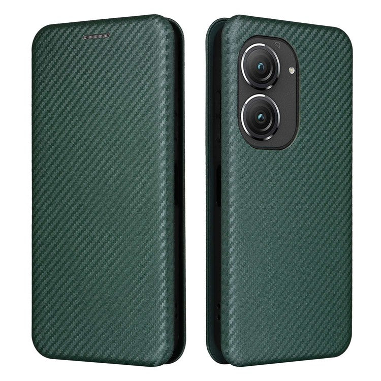 For Asus Zenfone 9 5G PU Leather Carbon Fiber Texture Phone Stand Case Card Slot Design Auto-absorbed Magnetic Protective Cover - Green