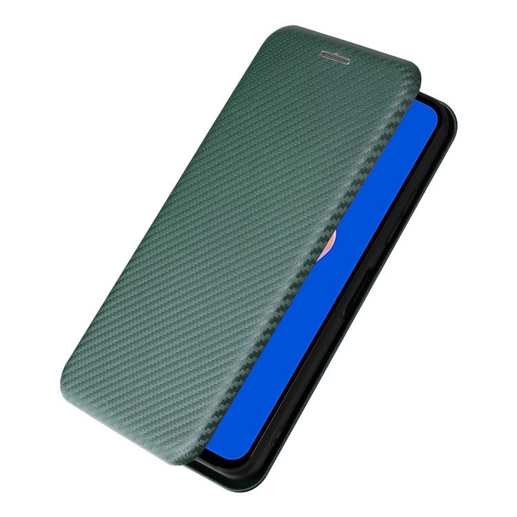 For Asus Zenfone 9 5G PU Leather Carbon Fiber Texture Phone Stand Case Card Slot Design Auto-absorbed Magnetic Protective Cover - Green