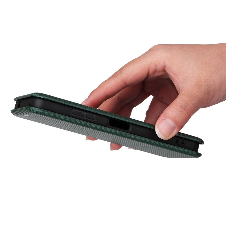 For Asus Zenfone 9 5G PU Leather Carbon Fiber Texture Phone Stand Case Card Slot Design Auto-absorbed Magnetic Protective Cover - Green