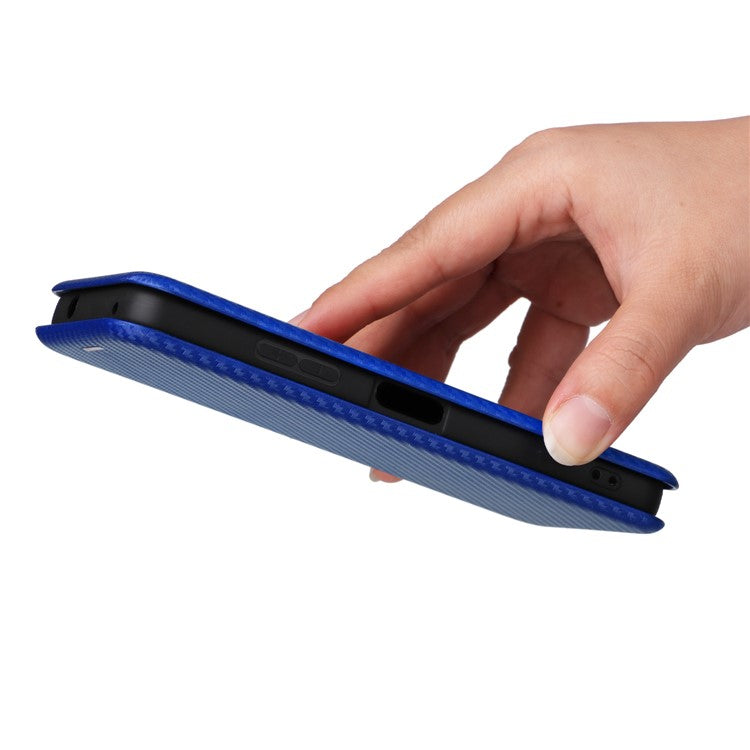 For Asus Zenfone 9 5G PU Leather Carbon Fiber Texture Phone Stand Case Card Slot Design Auto-absorbed Magnetic Protective Cover - Blue