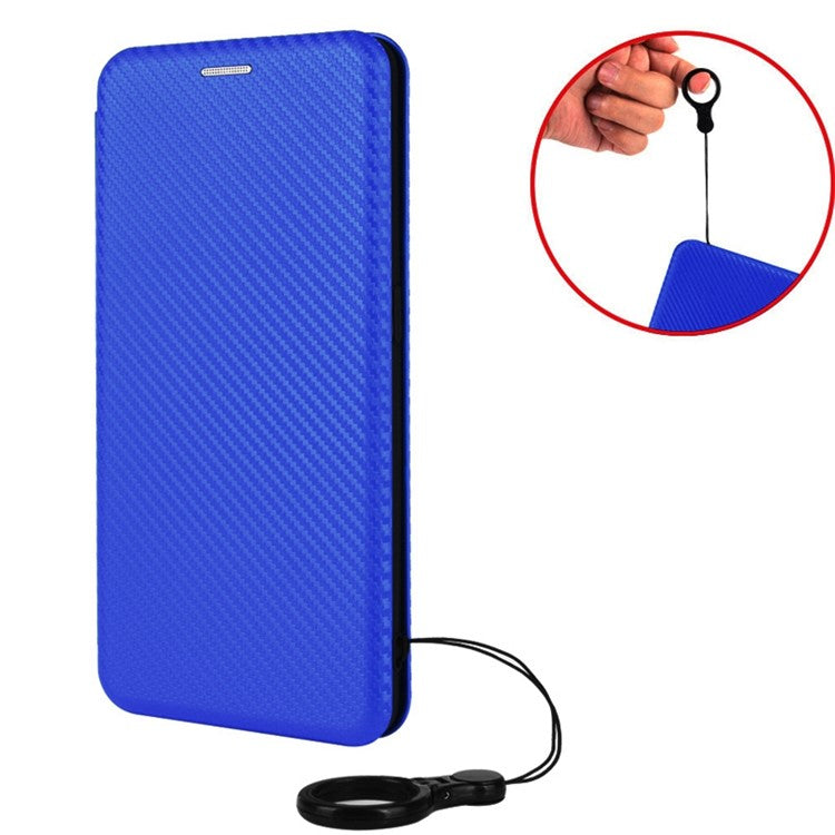 For Asus Zenfone 9 5G PU Leather Carbon Fiber Texture Phone Stand Case Card Slot Design Auto-absorbed Magnetic Protective Cover - Blue