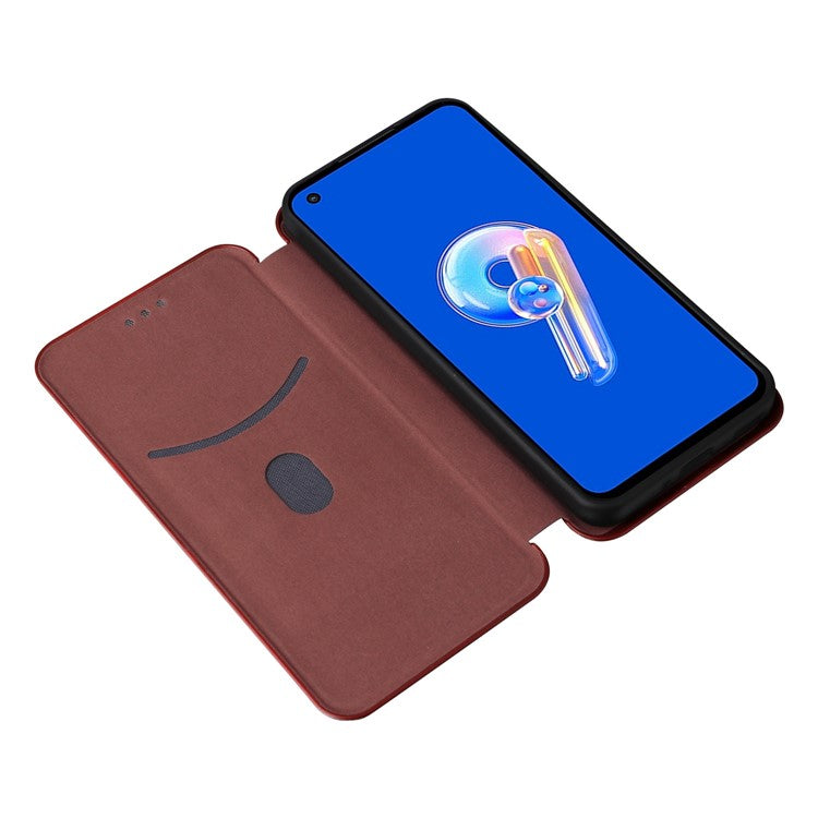 For Asus Zenfone 9 5G PU Leather Carbon Fiber Texture Phone Stand Case Card Slot Design Auto-absorbed Magnetic Protective Cover - Brown