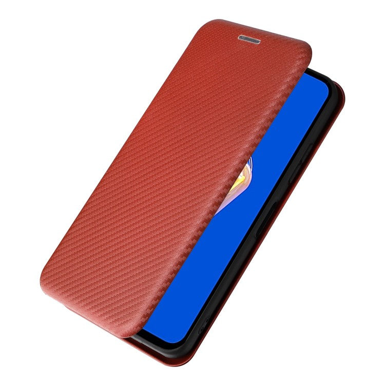 For Asus Zenfone 9 5G PU Leather Carbon Fiber Texture Phone Stand Case Card Slot Design Auto-absorbed Magnetic Protective Cover - Brown