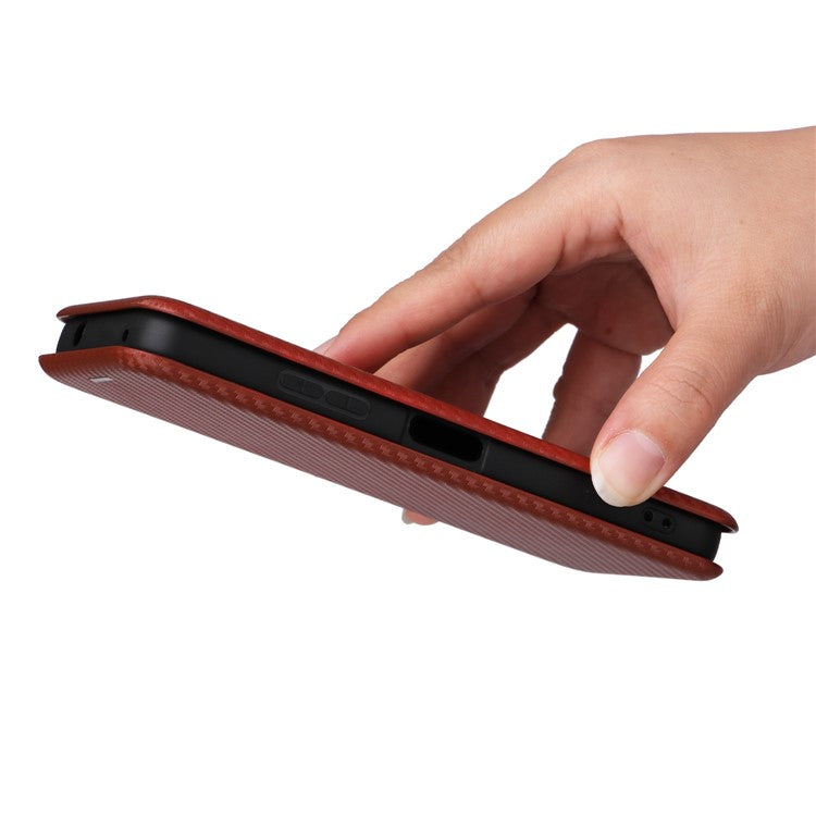 For Asus Zenfone 9 5G PU Leather Carbon Fiber Texture Phone Stand Case Card Slot Design Auto-absorbed Magnetic Protective Cover - Brown