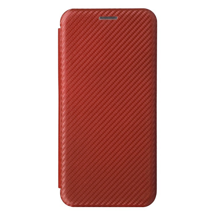 For Asus Zenfone 9 5G PU Leather Carbon Fiber Texture Phone Stand Case Card Slot Design Auto-absorbed Magnetic Protective Cover - Brown