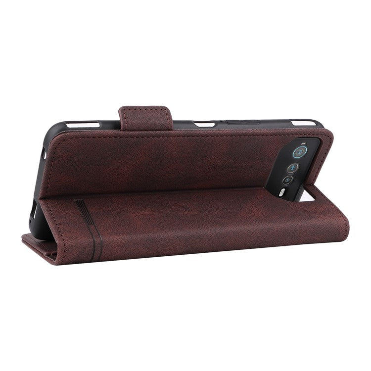 Hardware Decor Phone Case for Asus ROG Phone 6 5G, Dual Magnetic Clasp PU Leather Anti-drop Wallet Stand Shell - Coffee