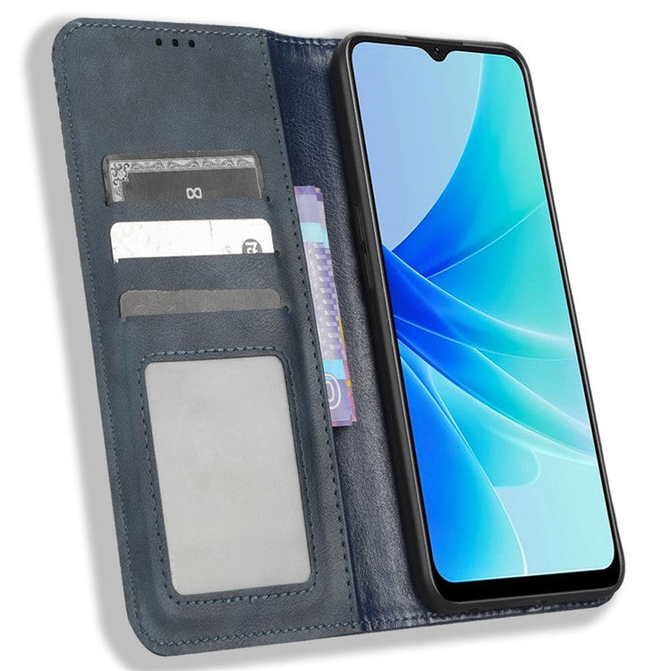 Phone Flip Wallet Case For Oppo A57 4G / A57s 4G / A57 (CPH2387) (Taiwan Version) Magnetic Auto Closing Retro Imprint Pattern PU Leather Phone Cover Stand - Blue