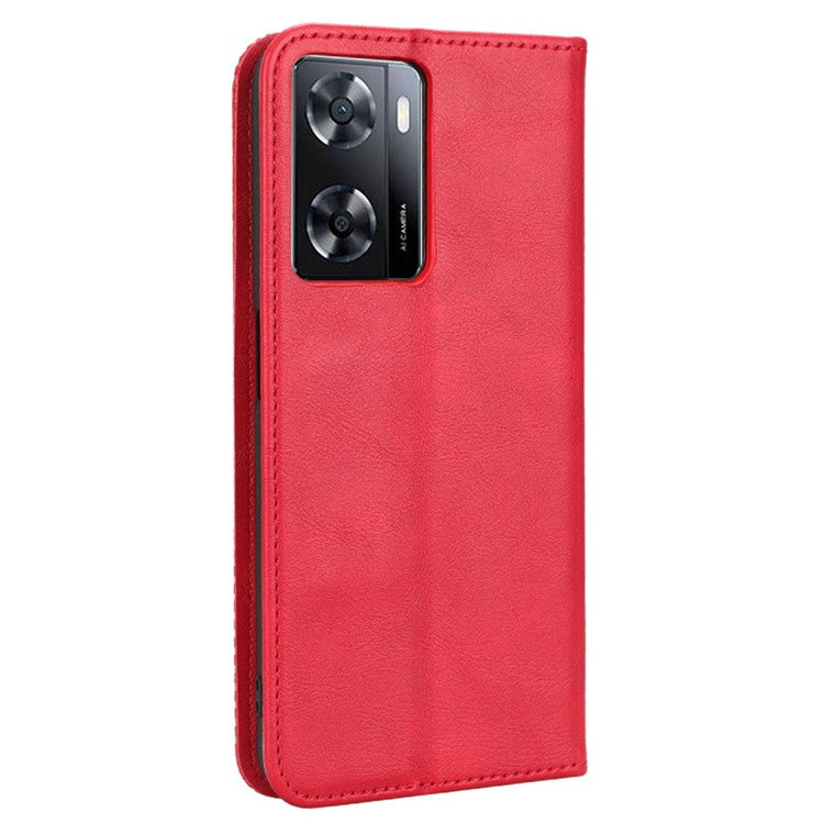 Phone Flip Wallet Case For Oppo A57 4G / A57s 4G / A57 (CPH2387) (Taiwan Version) Magnetic Auto Closing Retro Imprint Pattern PU Leather Phone Cover Stand - Red