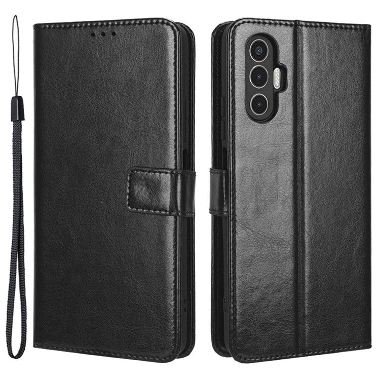 For TECNO Pova 3 4G Shockproof Phone Flip Wallet Case Stand Crazy Horse Texture PU Leather Mobile Phone Protective Cover - Black