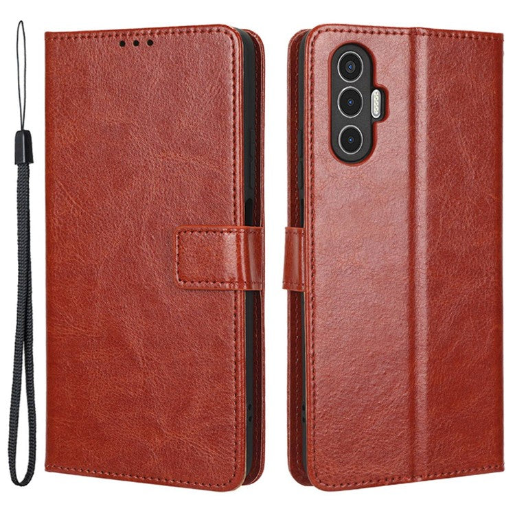 For TECNO Pova 3 4G Shockproof Phone Flip Wallet Case Stand Crazy Horse Texture PU Leather Mobile Phone Protective Cover - Brown