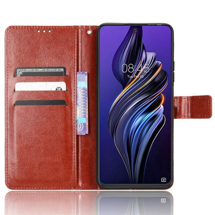 For TECNO Pova 3 4G Shockproof Phone Flip Wallet Case Stand Crazy Horse Texture PU Leather Mobile Phone Protective Cover - Brown
