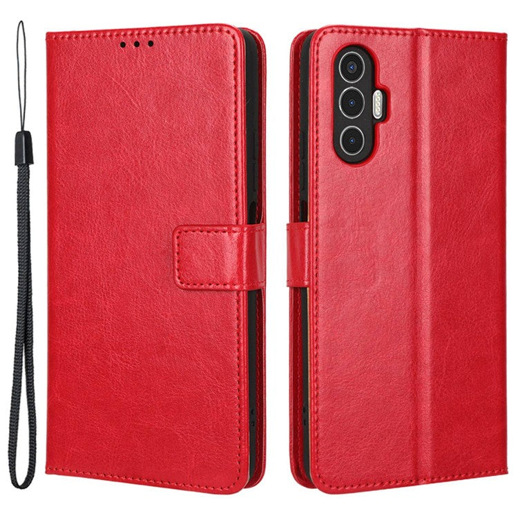 For TECNO Pova 3 4G Shockproof Phone Flip Wallet Case Stand Crazy Horse Texture PU Leather Mobile Phone Protective Cover - Red