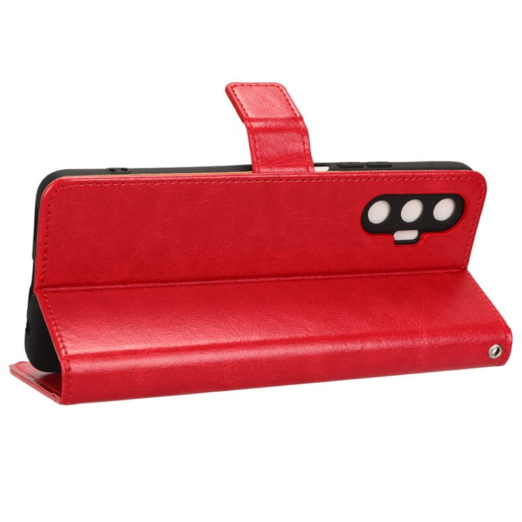 For TECNO Pova 3 4G Shockproof Phone Flip Wallet Case Stand Crazy Horse Texture PU Leather Mobile Phone Protective Cover - Red