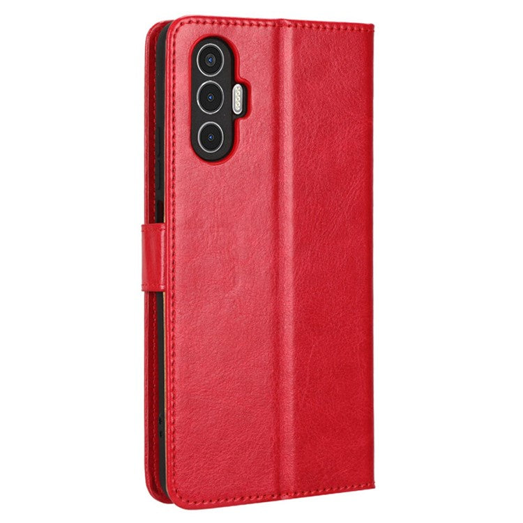 For TECNO Pova 3 4G Shockproof Phone Flip Wallet Case Stand Crazy Horse Texture PU Leather Mobile Phone Protective Cover - Red