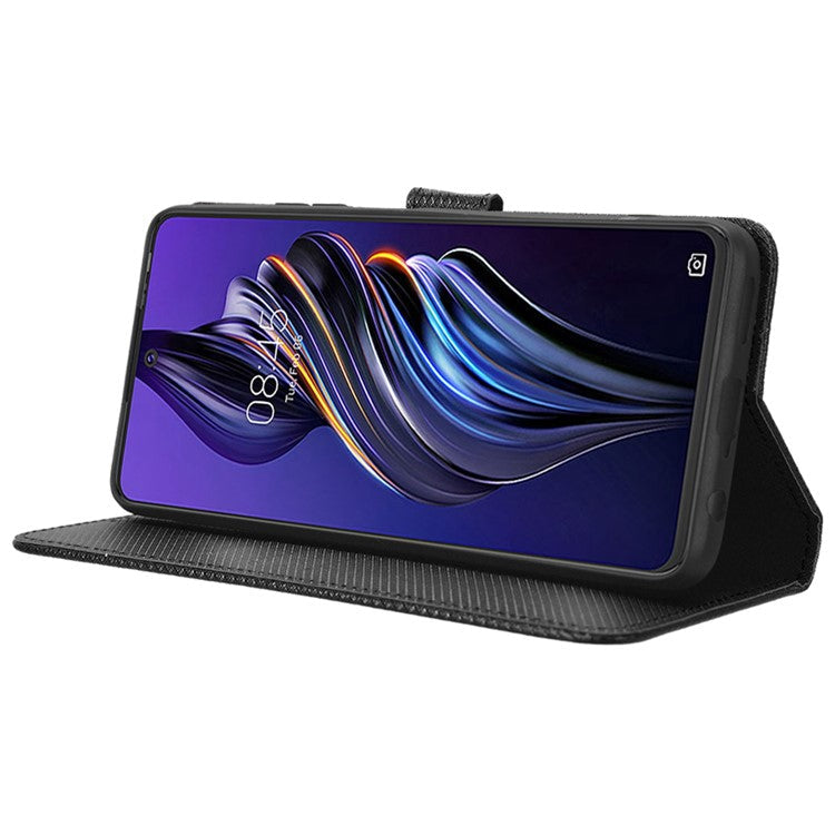 For TECNO Pova 3 4G Diamond Texture Protective Phone Shell Magnetic Clasp PU Leather Stand Scratch-Resistant Phone Wallet Case - Black