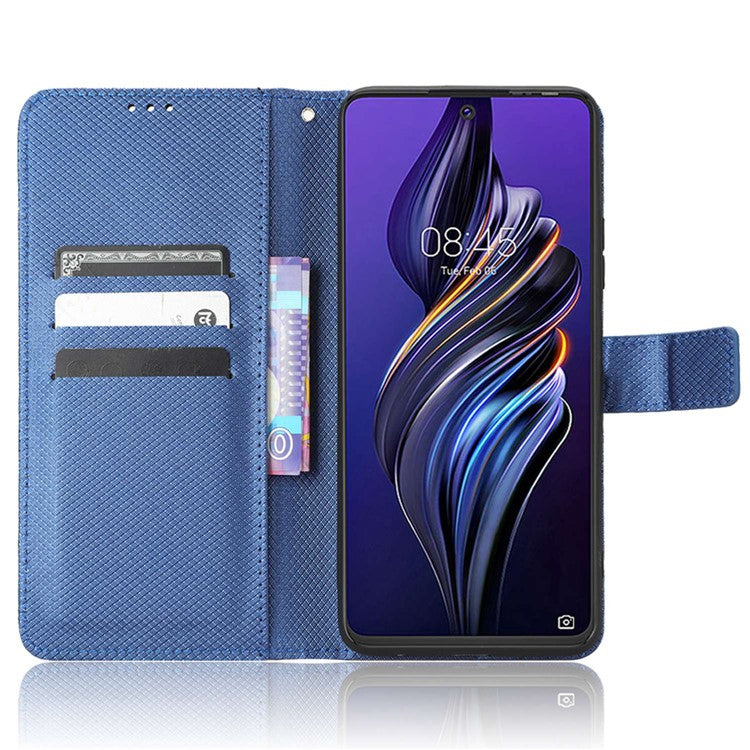 For TECNO Pova 3 4G Diamond Texture Protective Phone Shell Magnetic Clasp PU Leather Stand Scratch-Resistant Phone Wallet Case - Blue