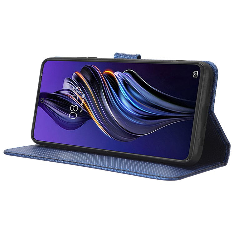 For TECNO Pova 3 4G Diamond Texture Protective Phone Shell Magnetic Clasp PU Leather Stand Scratch-Resistant Phone Wallet Case - Blue