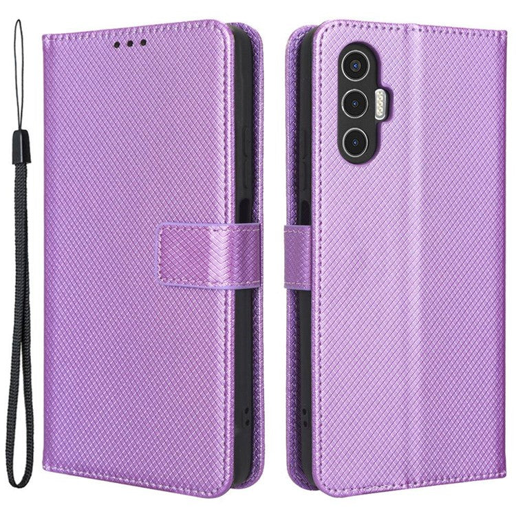 For TECNO Pova 3 4G Diamond Texture Protective Phone Shell Magnetic Clasp PU Leather Stand Scratch-Resistant Phone Wallet Case - Purple