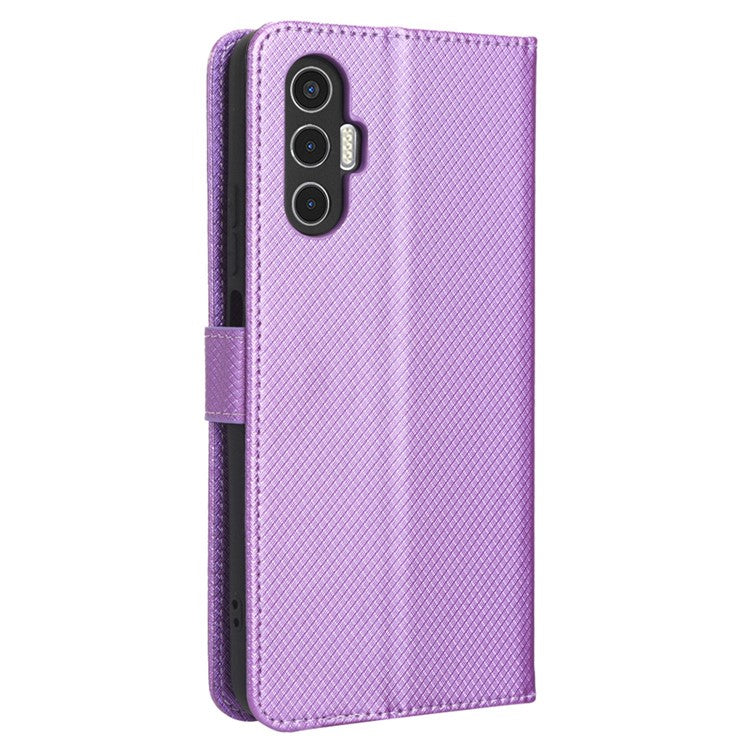 For TECNO Pova 3 4G Diamond Texture Protective Phone Shell Magnetic Clasp PU Leather Stand Scratch-Resistant Phone Wallet Case - Purple